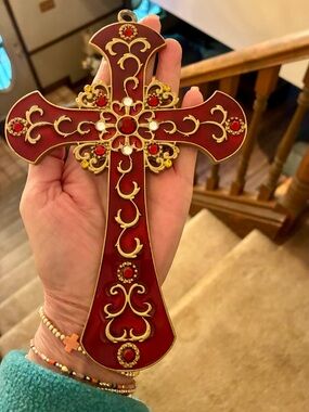 Vintage Red and Gold Jeweled Cross